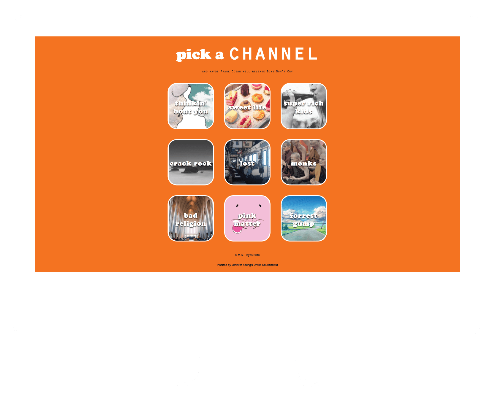 Channel O is an interactive soundclip board of Frank Ocean's Channel Orange album.